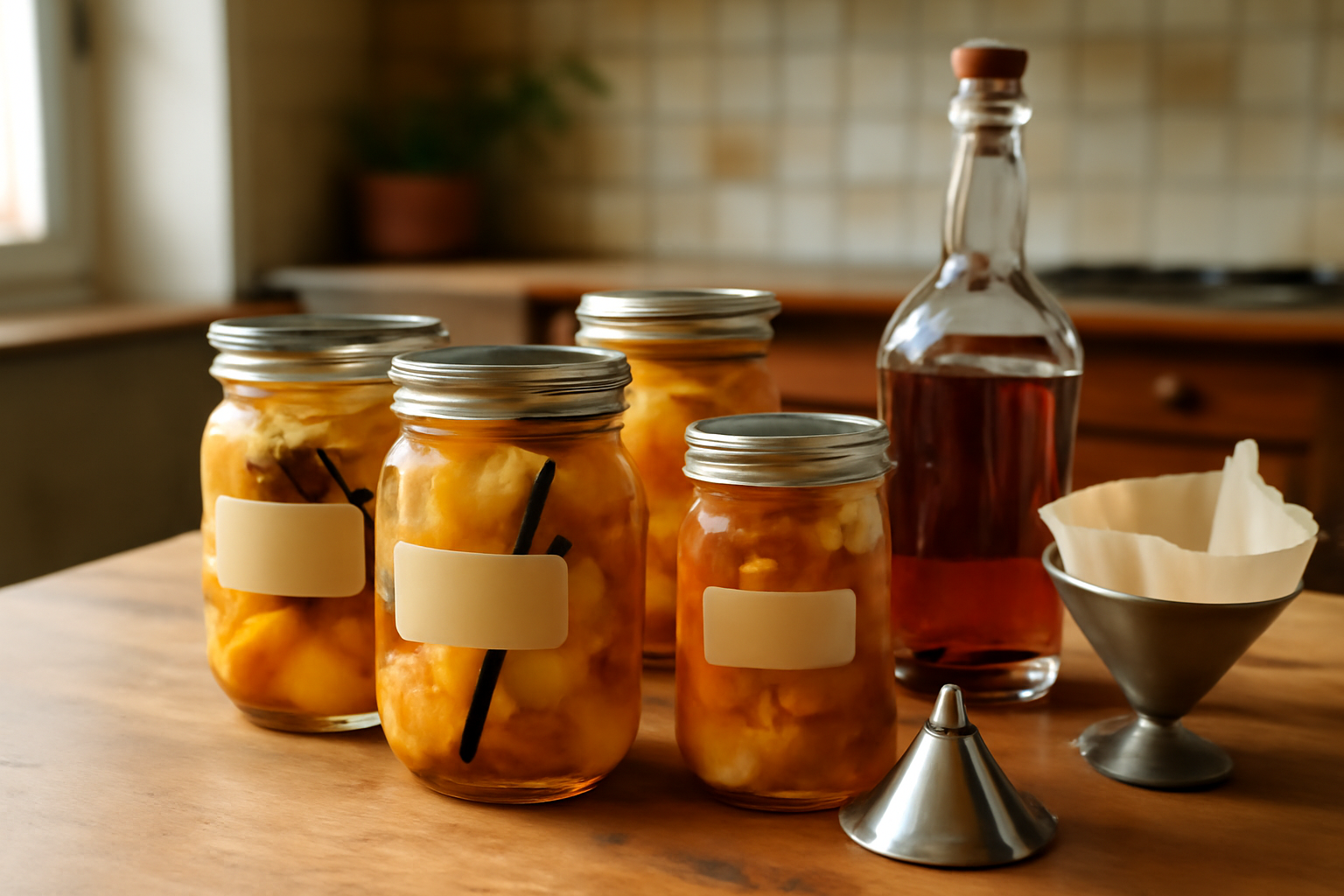 rhum arrangé recette en bouteille avec fruits et épices sur un plan de travail