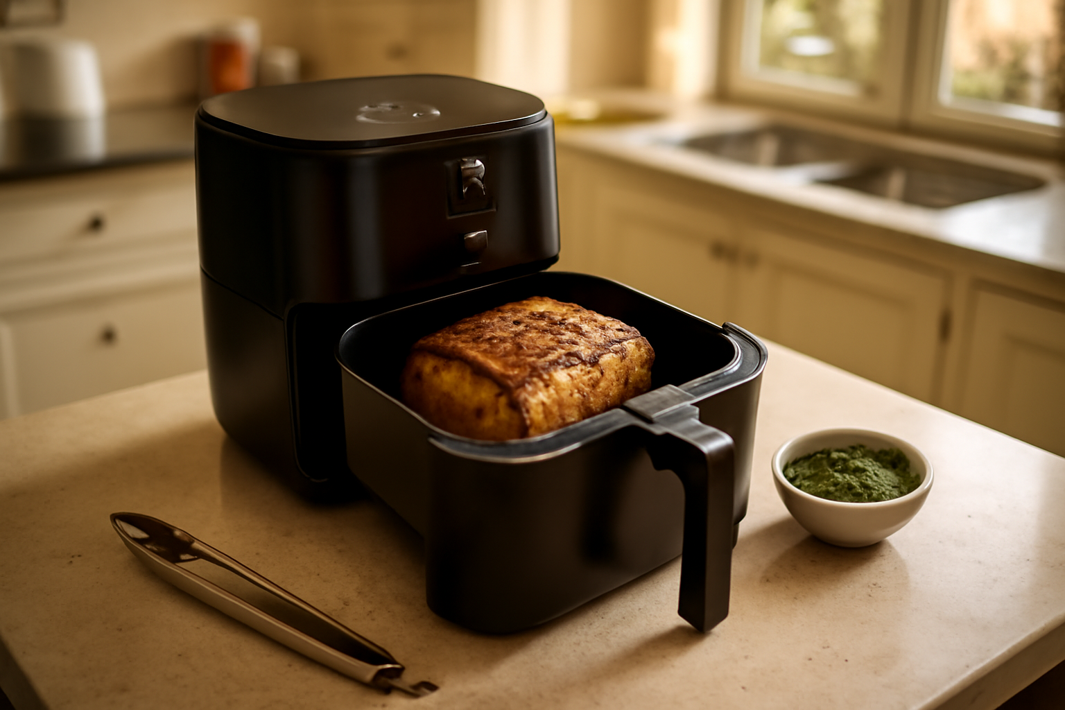 roti de porc air fryer moelleux et doré dans le panier de l’air fryer