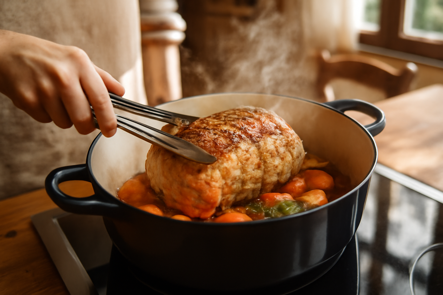 Rôti de porc en cocotte doré, mijotage avec herbes et légumes