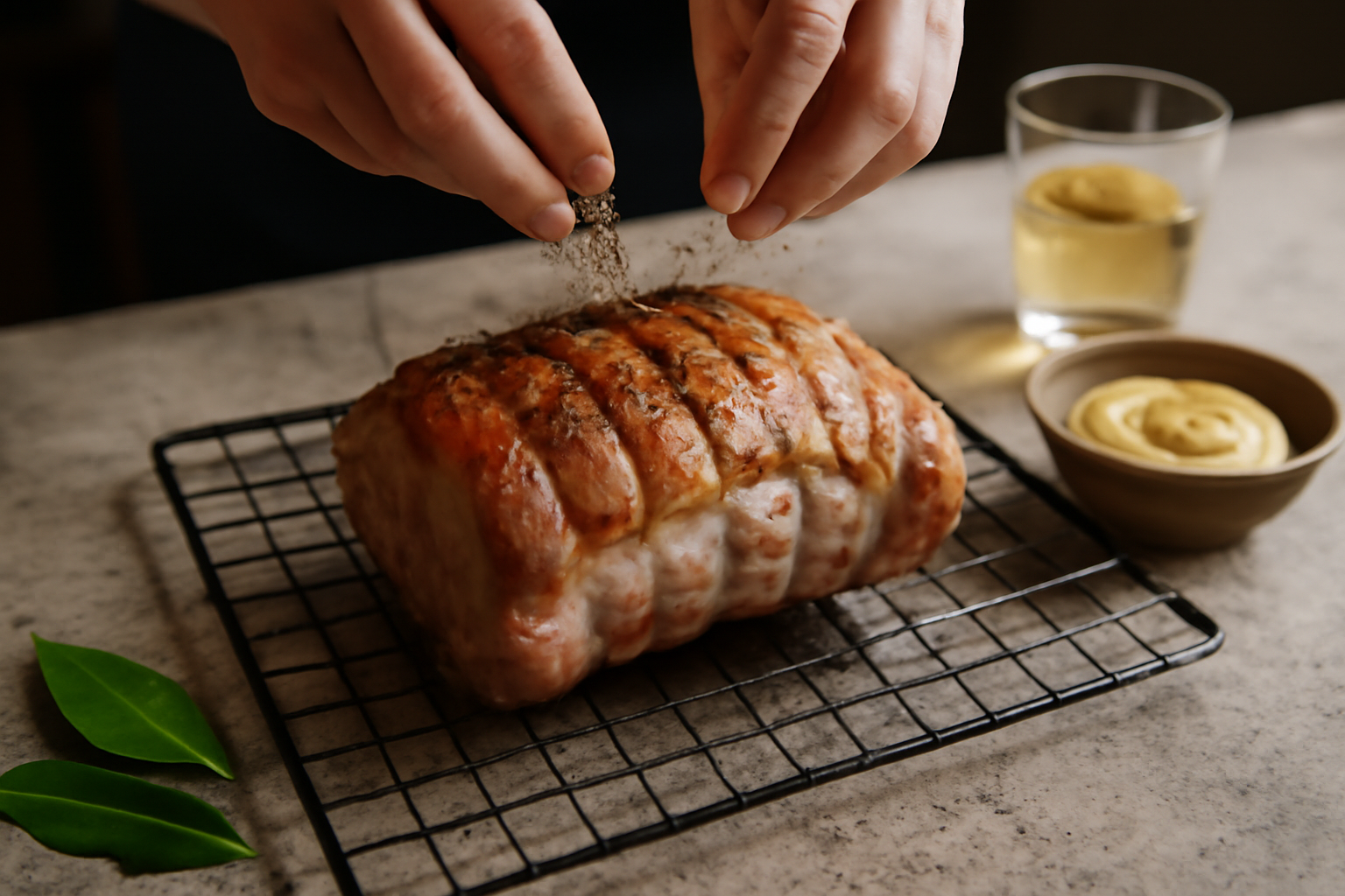 Assaisonnement du rôti de porc en cocotte avec thym et laurier avant saisie