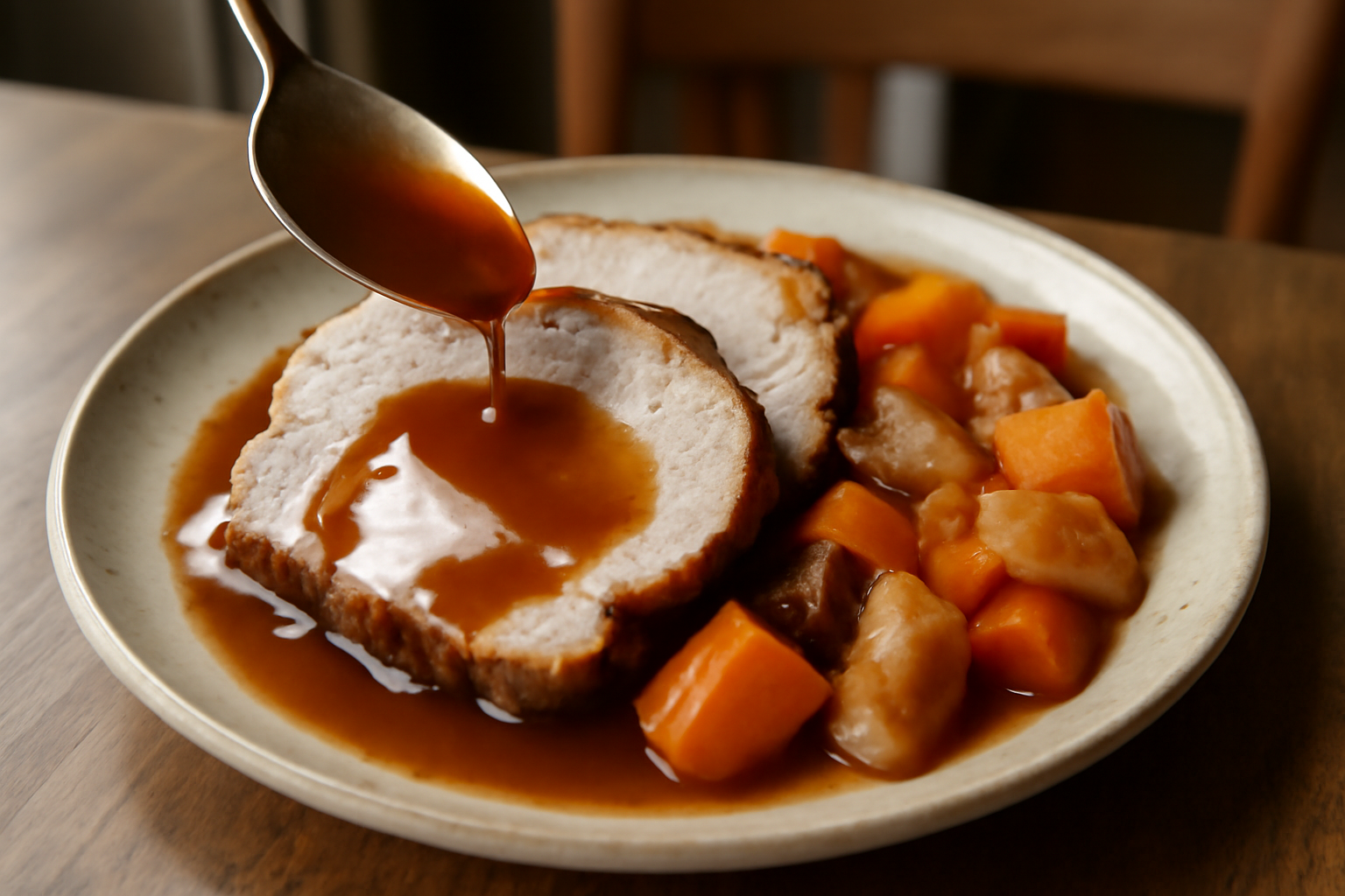 Tranchage d’un roti de porc en cocotte et service avec sauce nappante