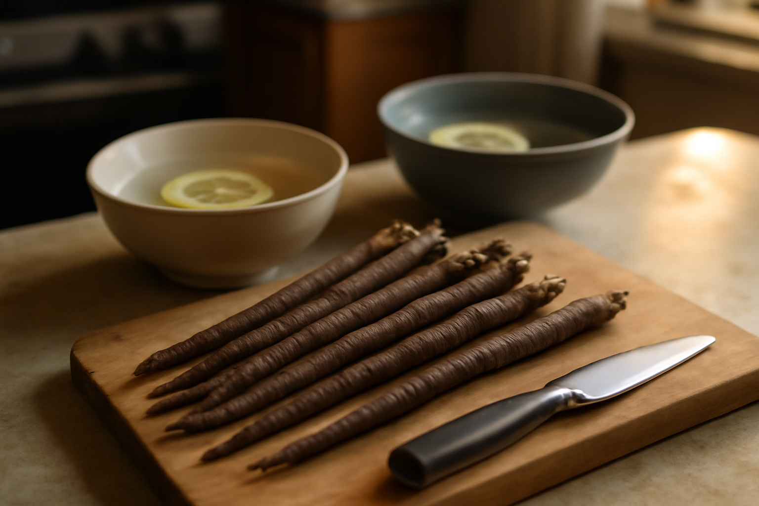 Salsifis recette : racines de salsifis fraîchement préparées sur une planche en cuisine
