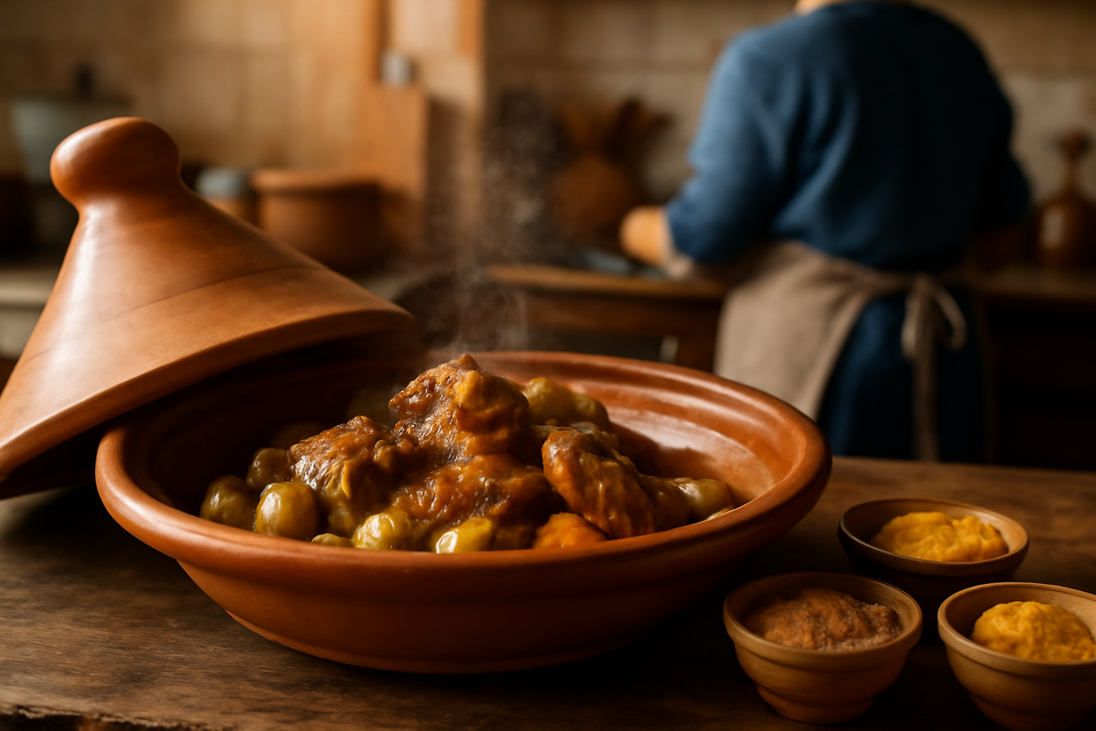 tajine agneau recette traditionnelle aux épices, citron confit et olives dans un plat en terre