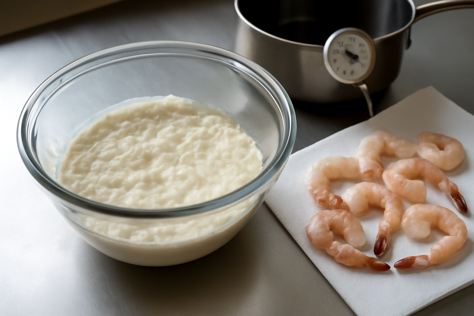 pâte tempura grumeleuse et crevettes enrobées avant friture
