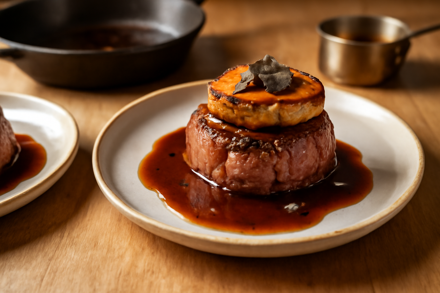 Tournedos Rossini recette : tournedos de bœuf saisis, foie gras mi-cuit et sauce au madère brillante