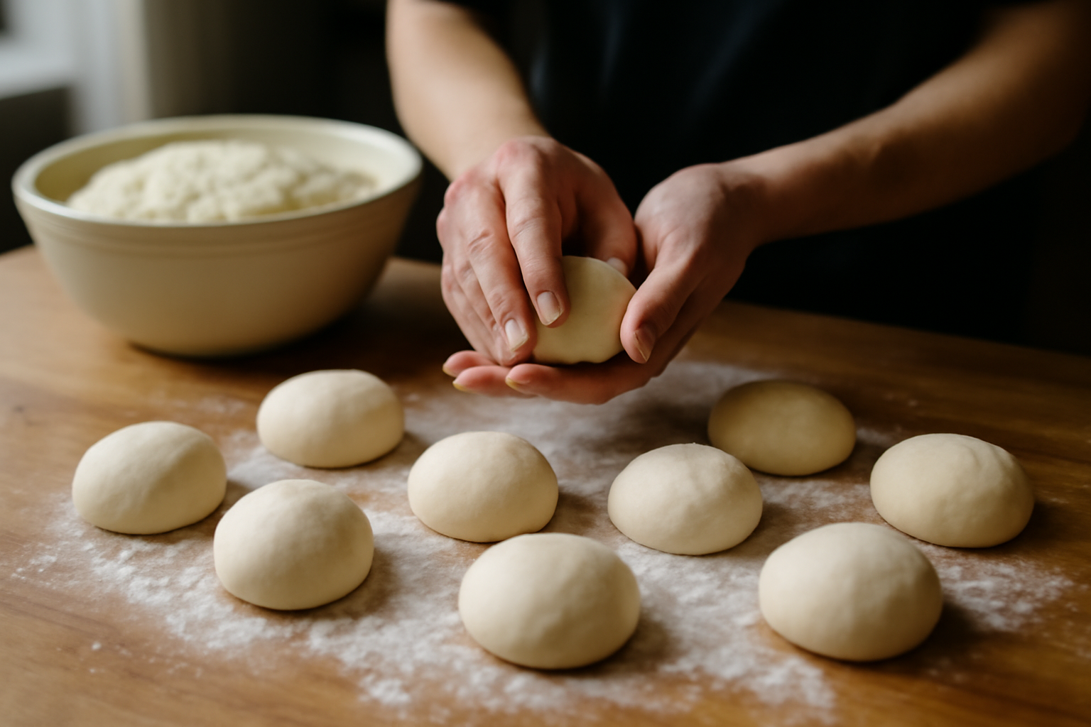 Façonnage de beignet aux sucre sur plan de travail fariné, portions régulières