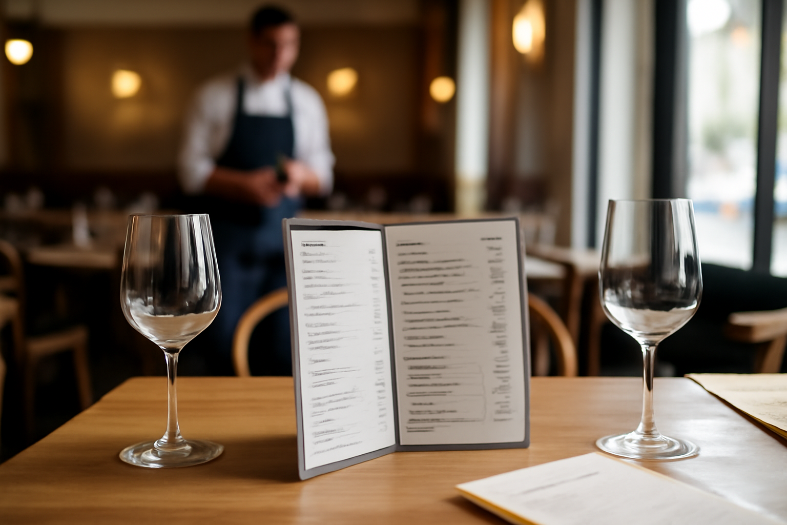 Cartes boissons professionnelles sur une table de restaurant, vue réaliste