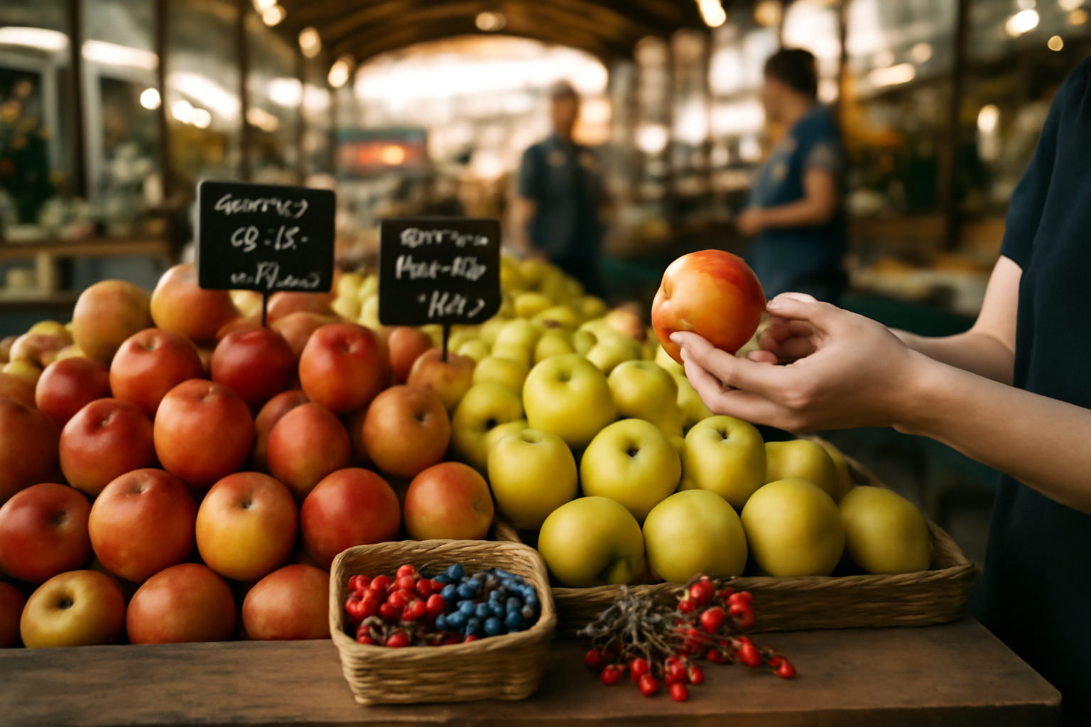fruit en e : églantine, épine-vinette, prunelle et pommes Elstar sur un étal de marché
