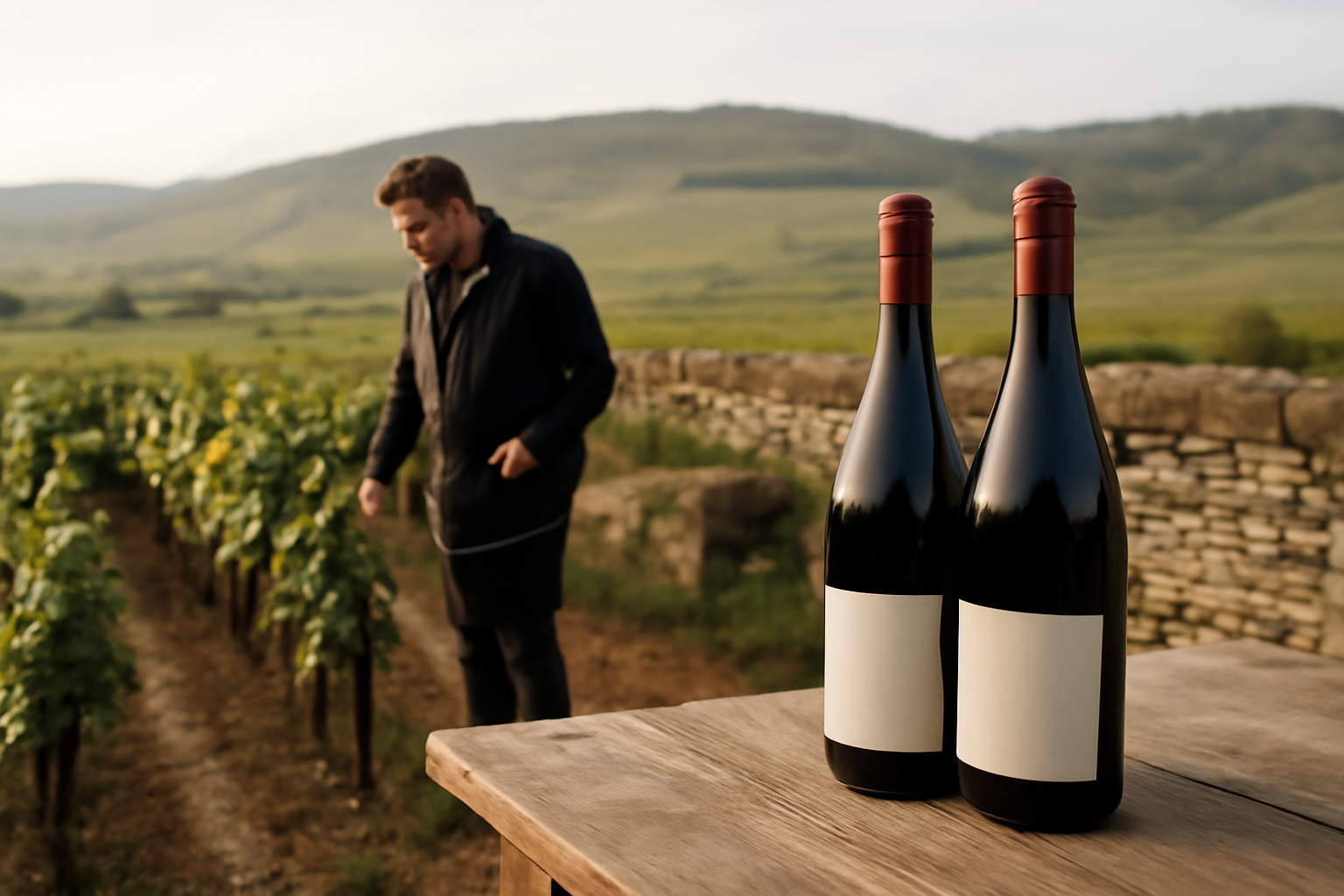 Vignoble de Gevrey-Chambertin avec coteaux de Bourgogne et bouteilles de gevrey chambertin à la lumière du matin