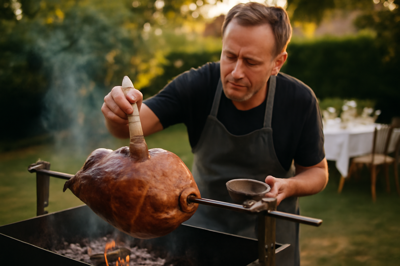 Jambon a la broche sur une broche en extérieur, croûte dorée et arrosage, scène photo réaliste