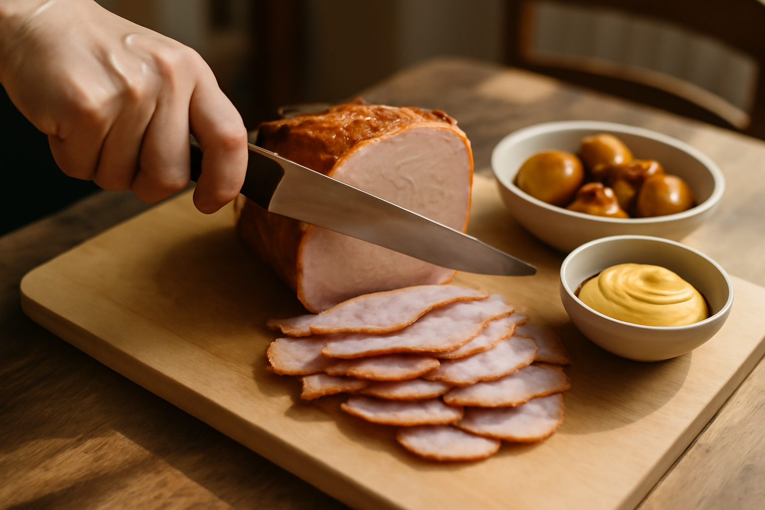 Tranchage du jambon a la broche sur une planche, couteau bien affûté, vapeur légère, scène photo réaliste