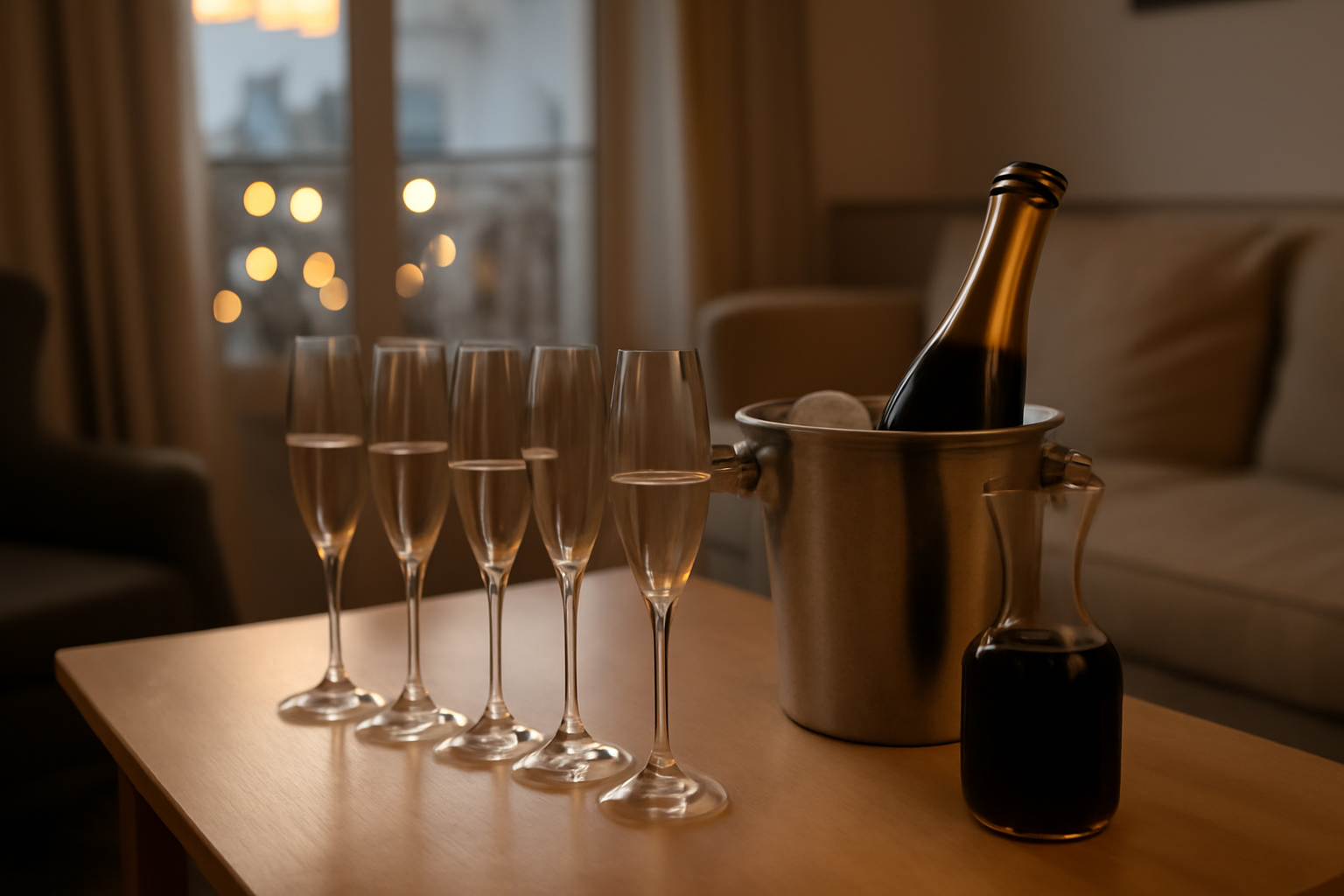 kir royal en flûtes à champagne, crème de cassis et champagne très frais