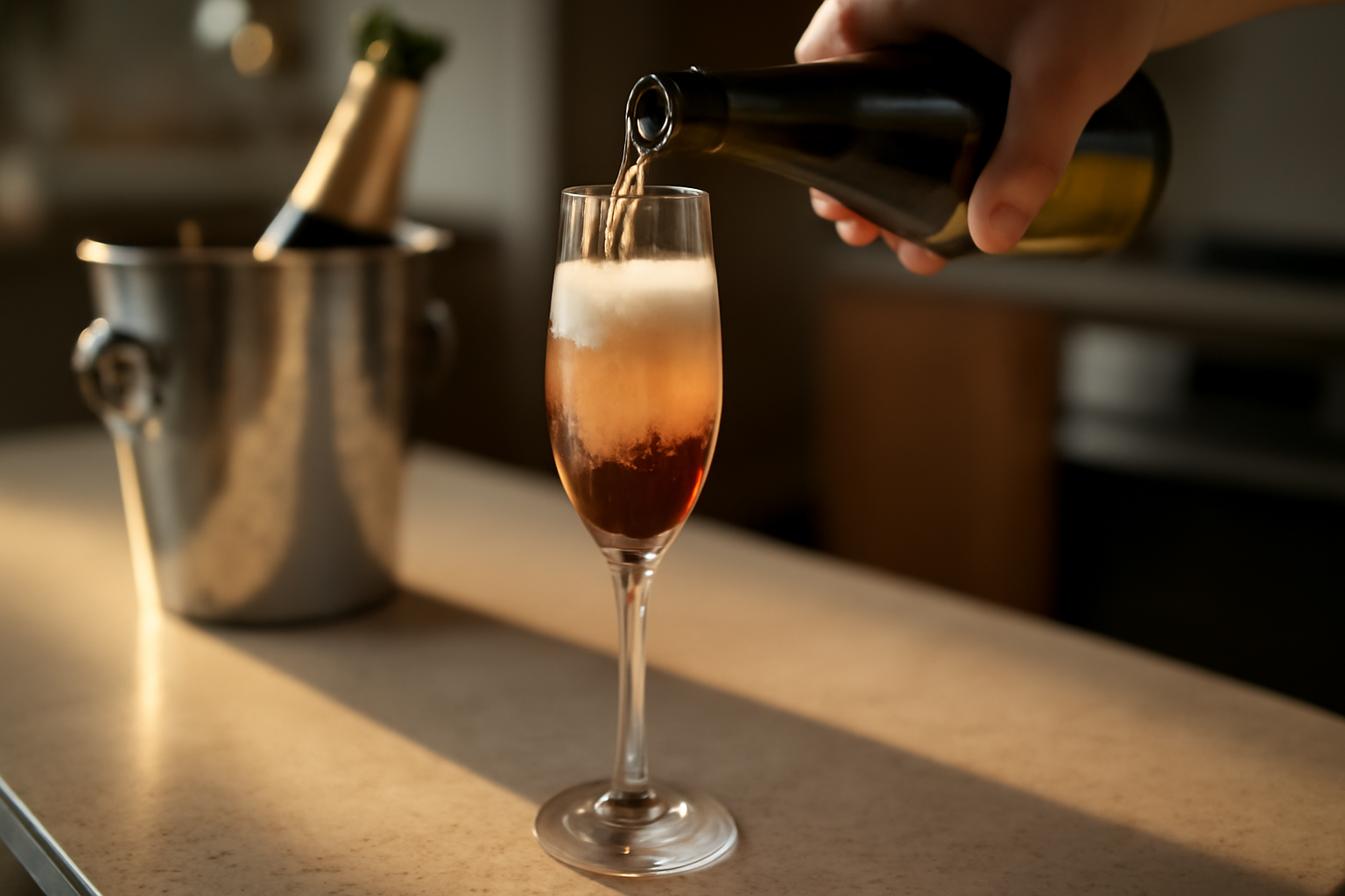 versement du champagne dans une flûte de kir royal pour préserver la stratification
