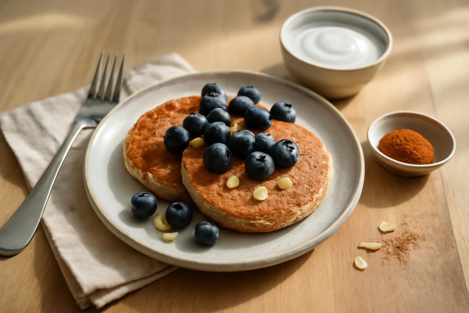 toppings pancake healthy : myrtilles, skyr et cannelle sur pancakes