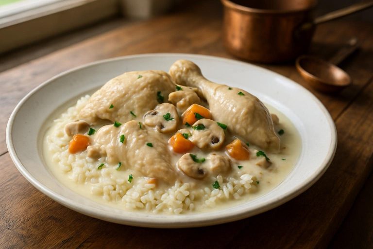 Poule au riz sauce blanche