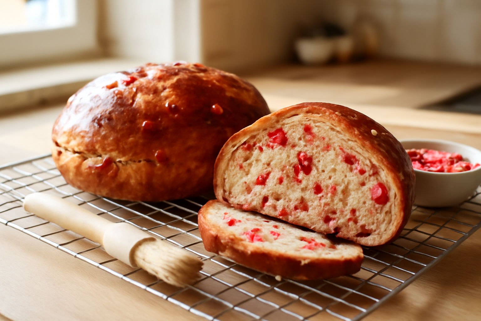 praluline aux pralines roses, brioche dorée et éclats roses visibles