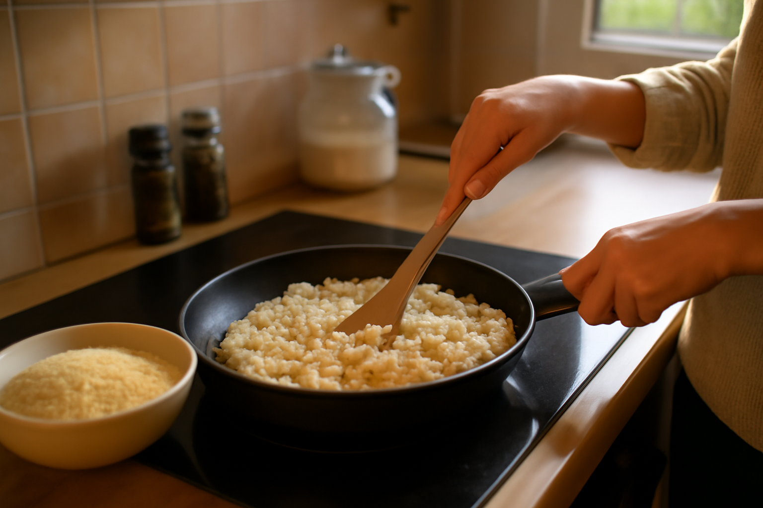 Riz soufflé maison croustillant dans une poêle, grains gonflés et dorés, ambiance cuisine familiale