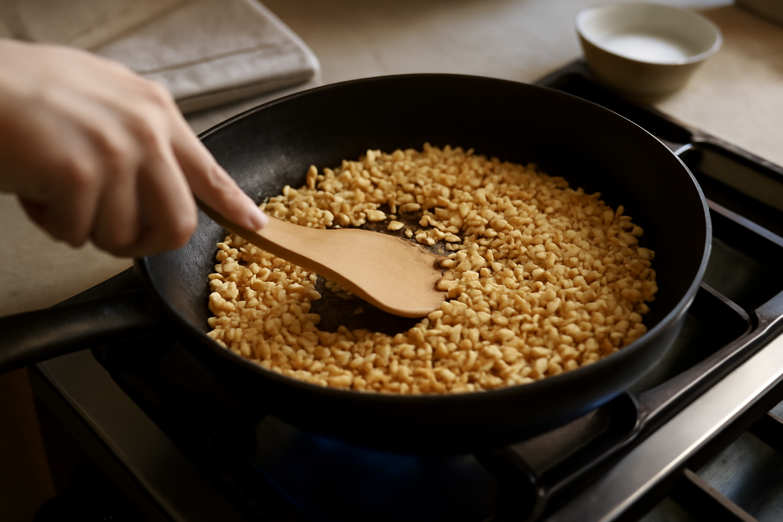 Cuisson du riz soufflé en poêle : grains qui gonflent, vapeur légère, couleur dorée