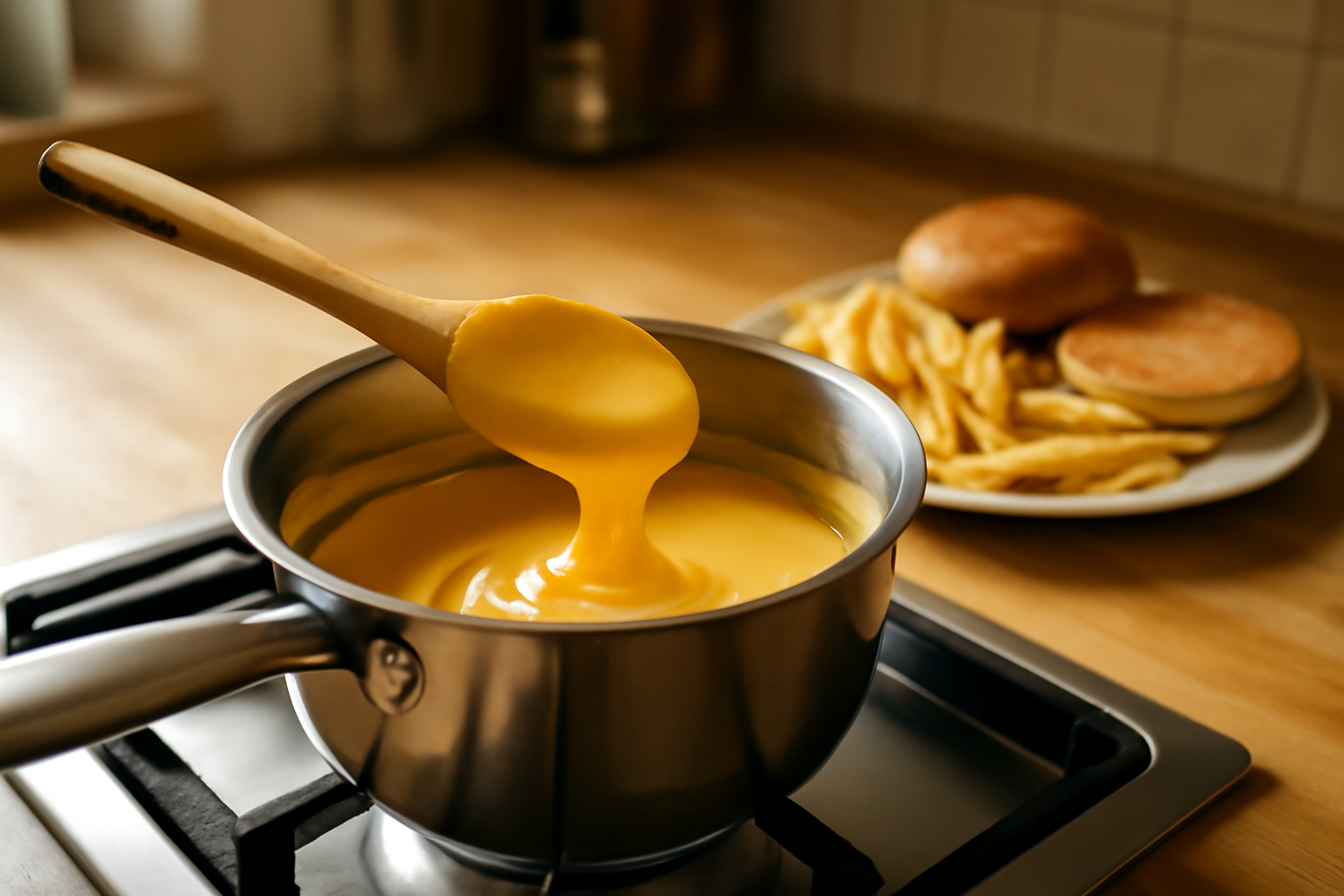 sauce cheddar maison onctueuse nappant des frites dans une cuisine lumineuse