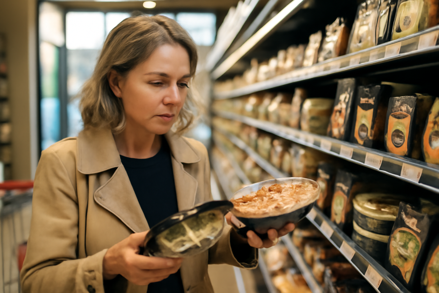 Produits sodebo en rayon dans un magasin français, lumière naturelle