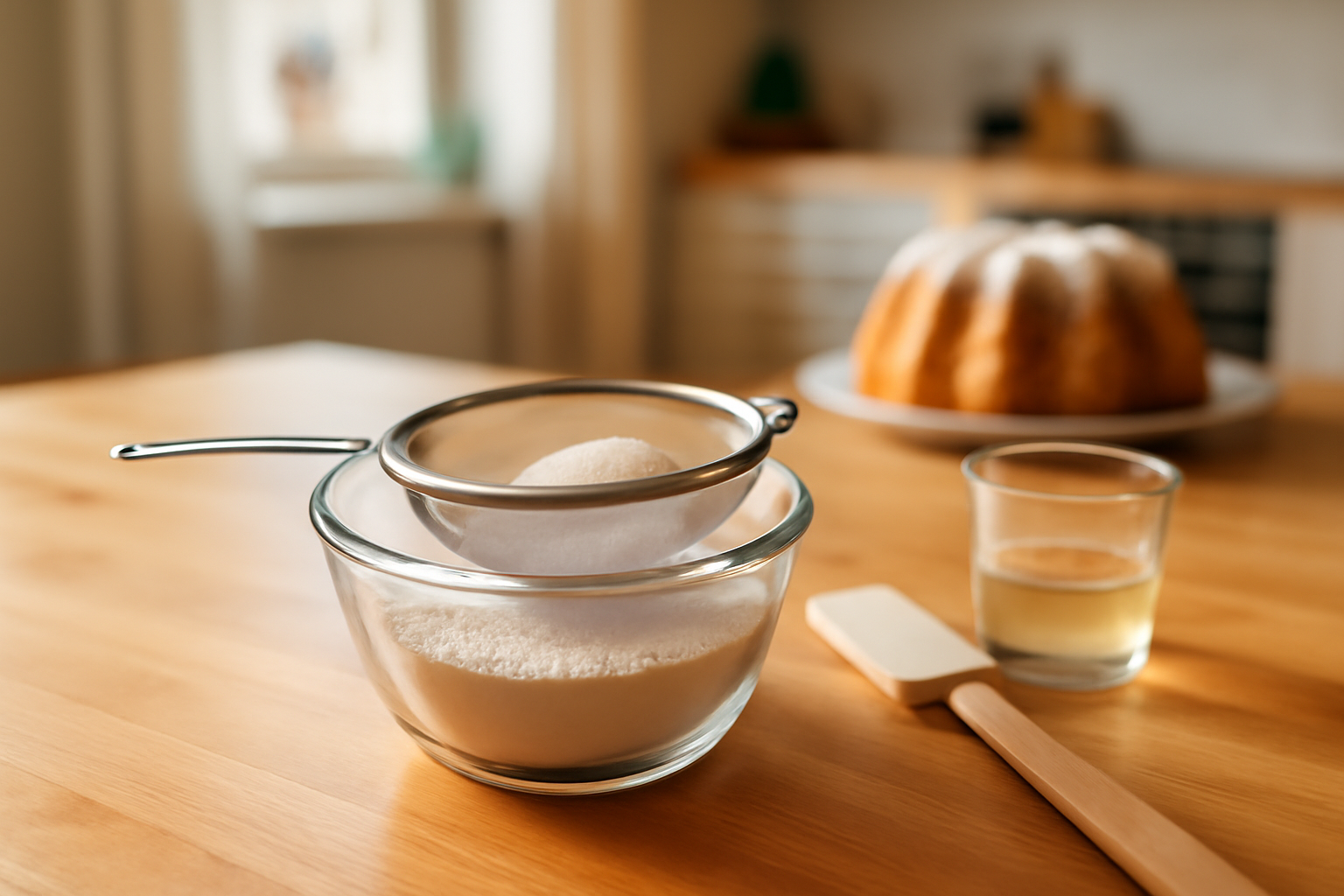 sucre glace tamisé dans un bol en verre, prêt pour un glaçage