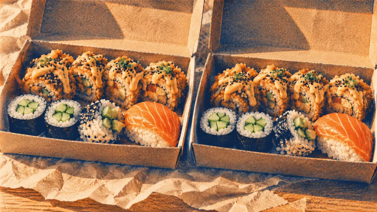 Calories sushis : makis et nigiri en box jumelles, vue gros plan