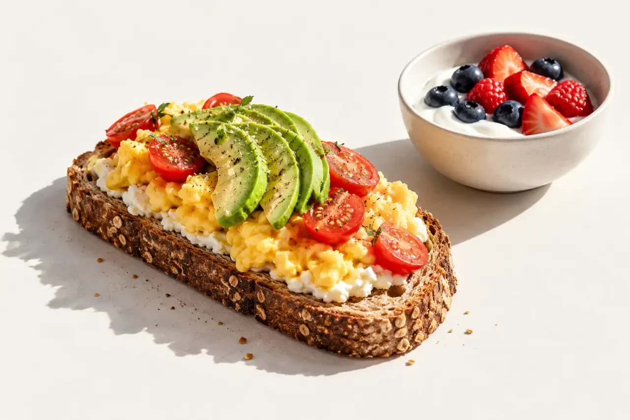 Petit déjeuner idées recettes salées avec tartine aux œufs brouillés et tomates