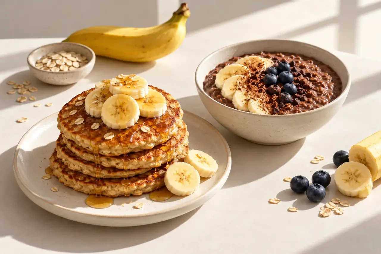 Petit déjeuner idées recettes avec pancakes banane-avoine, porridge et fruits frais