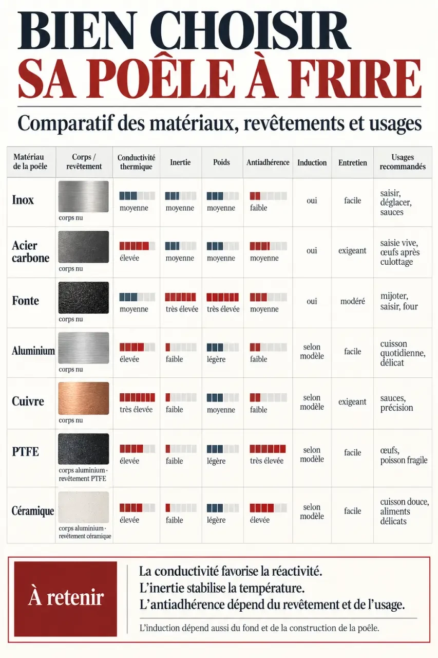 Comparatif des matériaux et revêtements d'une poêle à frire