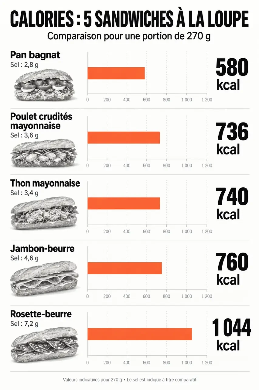Infographie des calories sandwiches et du sel pour cinq recettes courantes
