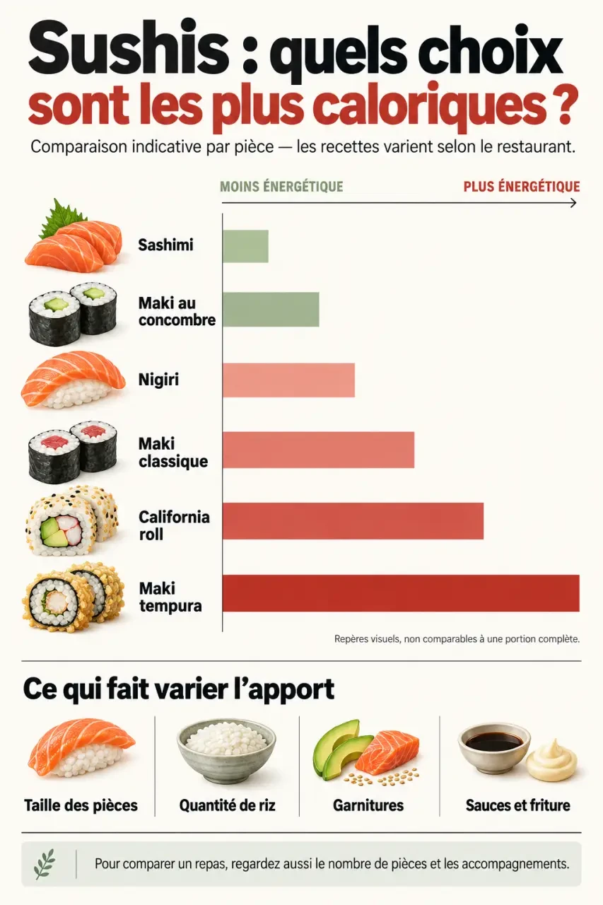Infographie sur les calories des sushis selon le type de pièce