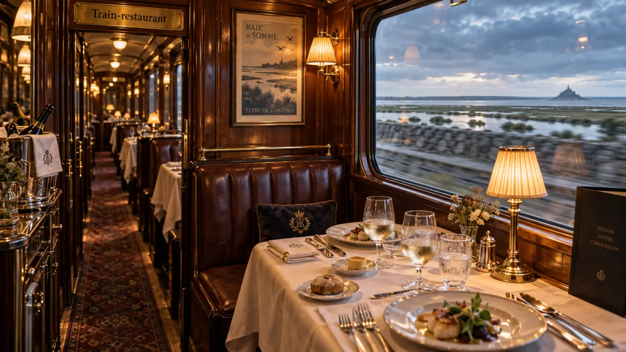 Restaurant dans un train : intérieur voiture historique, vue Baie de Somme